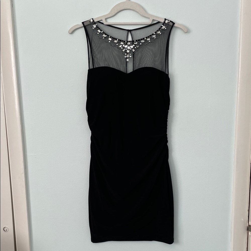 Hailey Logan Black Mini Dress with Gem Embellished Mesh Neckline Size S
